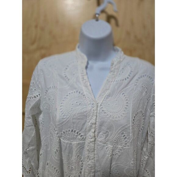 White Embroidered Eyelet Button-Front Midi Dress 3/4 Sleeves Mandarin Collar - Picture 6 of 10